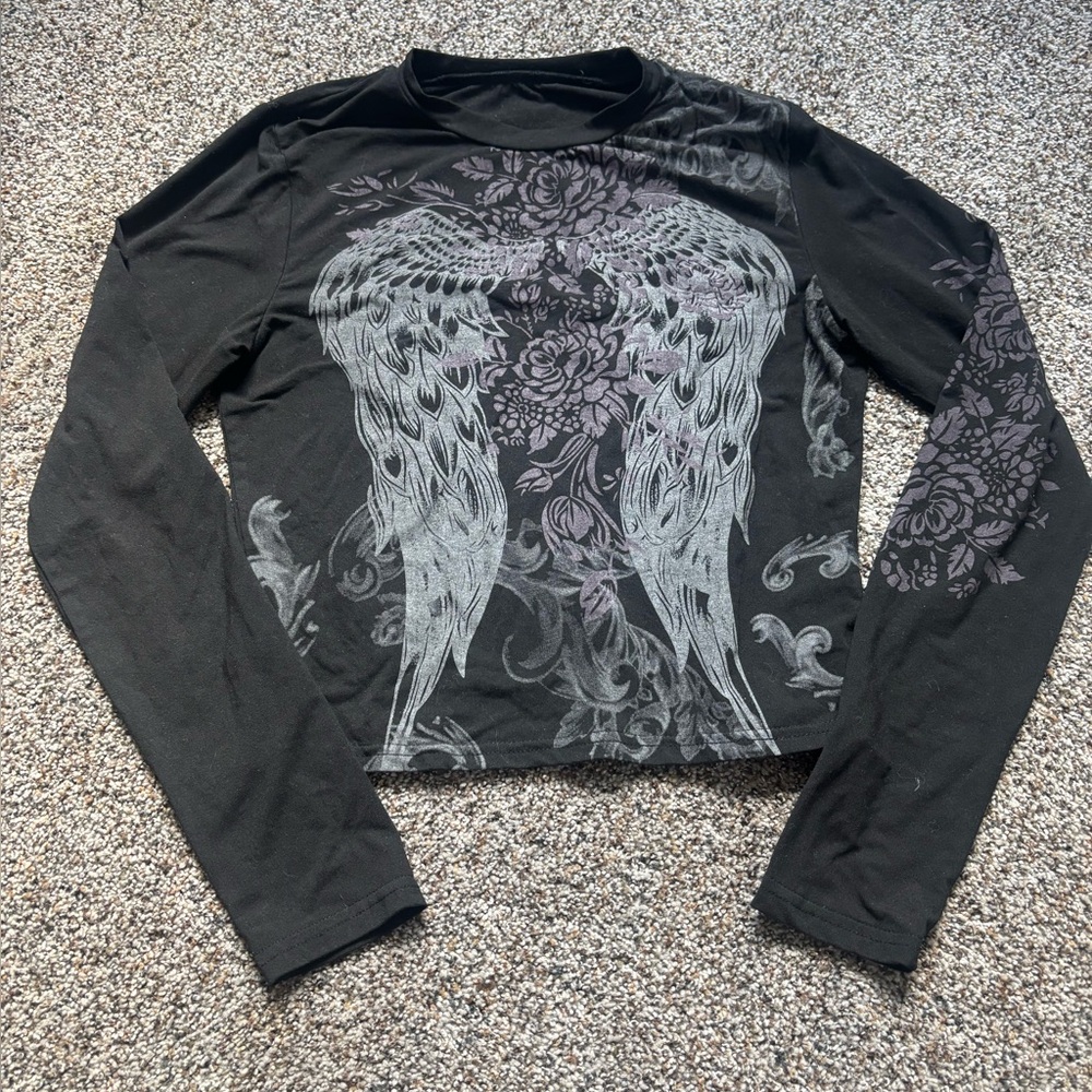 Black Long Sleeve Top with Wing Design